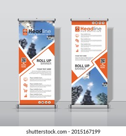 Orange, Roll up Business Banner Design Vertical Template Vector, Cover Abstract Modern X-Banner, Brochure Flyer Banner Rectangle Size.