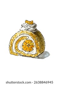 orange roll cake isolated on white background watercolor illustration