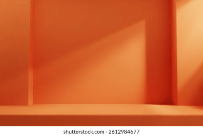 Orange room studio with table top and natural light. Product presentation template.