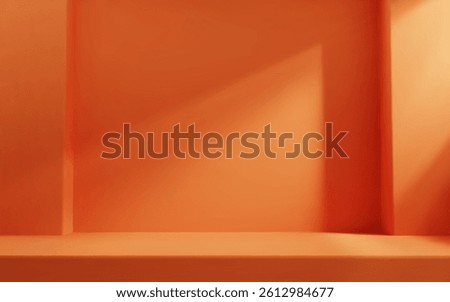 Orange room studio with table top and natural light. Product presentation template.