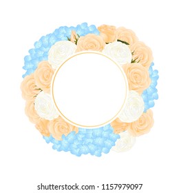 Orange Rose, Blue Hydrangea and White Ranunculus Banner Wreath. isolated on White Background. Vector Illustration.