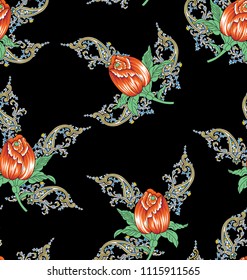 orange rose flowers with paisley pattern on black  background
