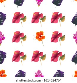 Orange Rose Mallow. Purple Banana Leaf. Pink Ginger. Red Calla. Vector illustration. Seamless background pattern. Floral botanical flower. Wild leaf wildflower isolated. Exotic tropical hawaiian.