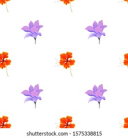 Orange Rose Mallow. Purple Magnolia. Vector illustration. Seamless background pattern. Floral botanical flower. Wild leaf wildflower isolated. Exotic tropical hawaiian jungle. Fabric wallpaper print.