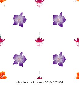 Orange Rose Mallow. Purple orchid. Red Fuchsia. Vector illustration. Seamless background pattern. Floral botanical flower. Wild leaf wildflower isolated. Exotic tropical hawaiian jungle. Fabric.
