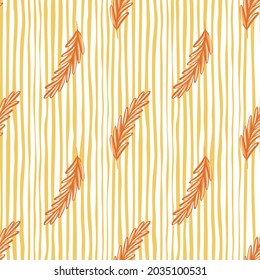 Orange rosemary silhouettes seamless pattern in simple botany style. White and yellow striped background. Perfect for fabric design, textile print, wrapping, cover. Vector illustration.