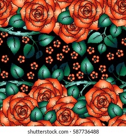 Orange roses festive seamless pattern. Hand-drawn sketch roses with cute little flowers. Bright colors, perfect backdrop for greeting or invitation card, wedding decorations or textile design.