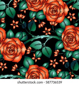 Orange roses festive seamless pattern. Hand-drawn sketch roses with cute little flowers. Bright  colors, perfect backdrop for greeting or invitation card, wedding decorations or textile design.