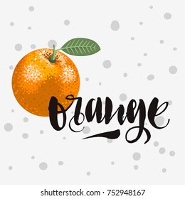 Orange Rough Traced Custom Artistic Handwritten Brush Calligraphy Design With An Orange With A Leaf Illustration On A White Background. Vector Graphic.