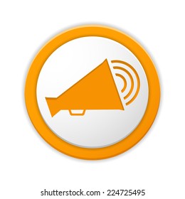 Orange round button with megaphone icon, vector eps10 illustration