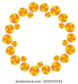 Orange round candies festive Halloween frame. Vector hand drawn illustration for holiday packaging, kids branding, sweet labels and seasonal design isolated on white with copy space