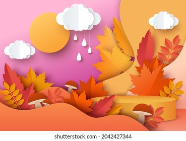 Orange round display podium mockup, paper cut autumn season red and yellow leaves, mushrooms, rainy clouds, vector illustration. Fall floral background for products advertising.