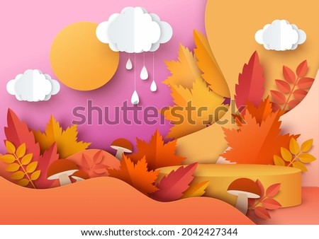 Orange round display podium mockup, paper cut autumn season red and yellow leaves, mushrooms, rainy clouds, vector illustration. Fall floral background for products advertising.