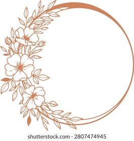 Orange round flower border vector featuring detailed petals and leafy vines. Hand drawn spring wreath illustration for creative branding and organic identity design projects on transparent background