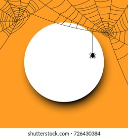 Orange round halloween background with spiderweb. Vector illustration.