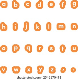 Orange round lowercase alphabet. Alphabetic font with punctuation marks. Vector illustration for your design