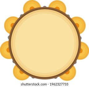 Orange round tambourine, a tool for extracting musical sounds. A musical instrument. Vector illustration isolated on a white background.