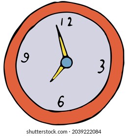 orange round wall clock with arrows, color vector illustration in doodle style with black outline