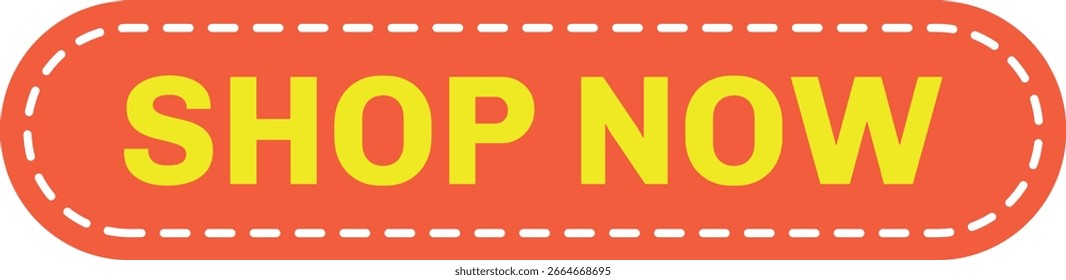 An orange rounded rectangle button with a dashed white border and the yellow text "SHOP NOW" centered on a white background.