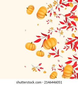 Orange Rowan Background Beige Vector. Gourd Park. Red Thanksgiving Illustration. Botanical Template. Gold Vegetable Oak Texture.