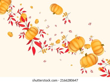 Orange Rowan Background Beige Vector. Plant Decorative. Green Pumpkins Card. Botanical Banner. Burgundy Leaves September Border.