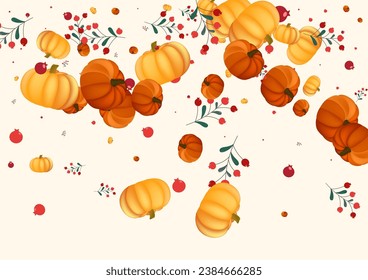 Orange Rowan Background Beige Vector. Pumpkin Floral. Yellow Season Banner. Vibrant Texture. Colorful Leaf Farm Set.