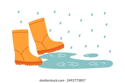 Orange rubber boots. Autumn or spring rainy weather and puddle. Flat vector isolated illustration