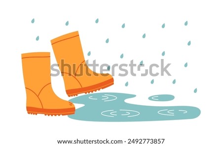 Orange rubber boots. Autumn or spring rainy weather and puddle. Flat vector isolated illustration