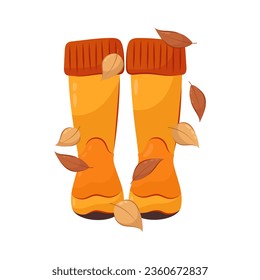 Orange rubber boots in flat style on a white background. Autumn boots are covered with dry leaves.