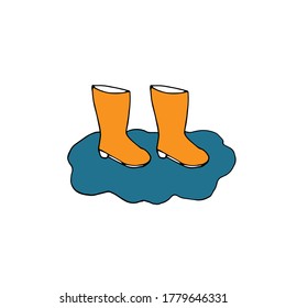 Orange rubber boots in a puddle, vector illustration, hand drawing