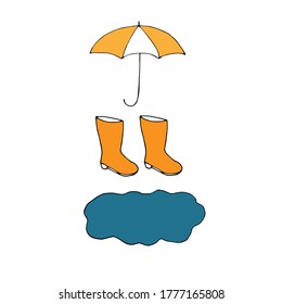 Orange rubber boots and umbrella, vector illustration, hand drawing