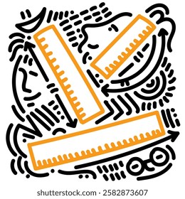 Orange ruler with black doodle. Simple illustration. Hand drawn doodle for sticker, postcard, wallpaper, mural, fabric, prints, wall decor, clothing, etc