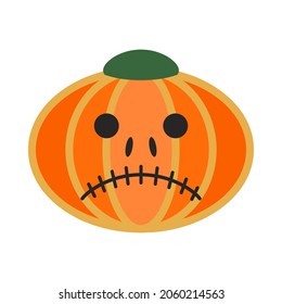 Orange sad pumpkin. Gourd fruit silhouette. Halloween or Thanksgiving. Cartoon sad mask. Ripe squash face. Simple flat gourd. All Saints' Eve. Vegetable muzzle with dreary expression. Isolated vector.