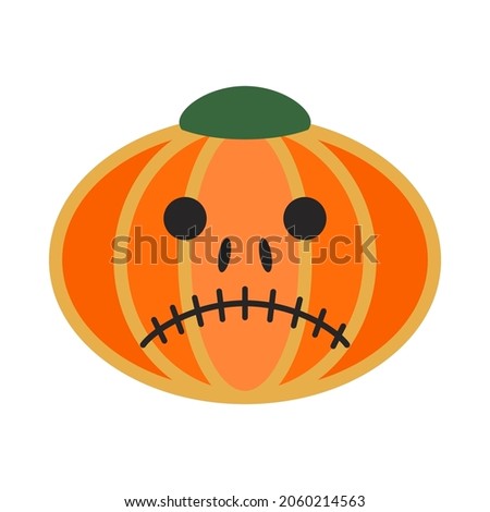 Orange sad pumpkin. Gourd fruit silhouette. Halloween or Thanksgiving. Cartoon sad mask. Ripe squash face. Simple flat gourd. All Saints' Eve. Vegetable muzzle with dreary expression. Isolated vector.