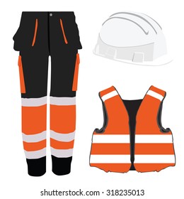 Orange safety clothing vector icon set with safety vest, pants and  hardhat helmet. Safety equipment. Protective work wear