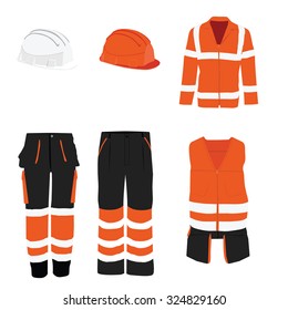 Orange safety clothing vector icon set with safety vest, pants and hardhat helmet. Safety equipment. Protective workwear