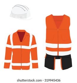 Orange safety jacket. Worker clothing. Safety clothing. Protective worker jacket with reflective stripes, White hard hat helmet