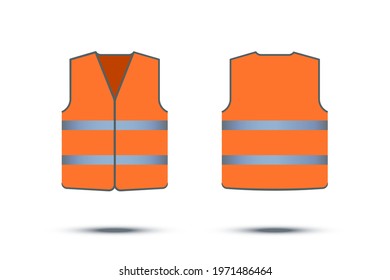 Orange safety vest with reflective strips isolated on white background. Vector work uniform, front and back view