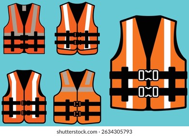 Orange safety vests in various designs and styles displayed on a light blue background