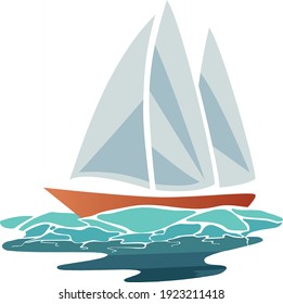 Orange Sail Boat Sailing on Blue Water Vector Illustrated Iconic Logo