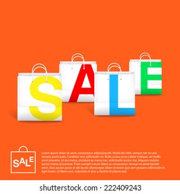 Orange Sale Background With White Empty Bags. Vector Illustration