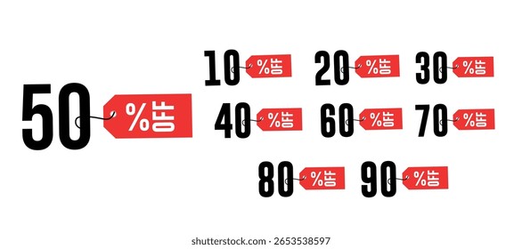 Orange Sale and Discount Labels Collection – Flat Price Off Tag Icons (10% to 90%) – Vector Set