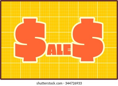 Orange sales text. Blueprint design sales progress sticker. Relative for retail business. 