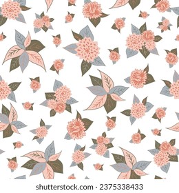 Orange and salmon colors on these mums makes for a soft scattered pattern on a white background creating a vector repeat seamless pattern design.