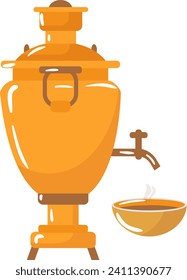 Orange samovar with steam, traditional Russian tea urn. Hot beverage served from tap into a cup. Warm tea time, cultural drink vector illustration.