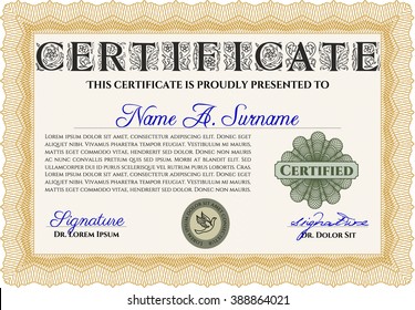 Orange Sample Certificate. Artistry design. Vector pattern that is used in money and certificate. With quality background. 