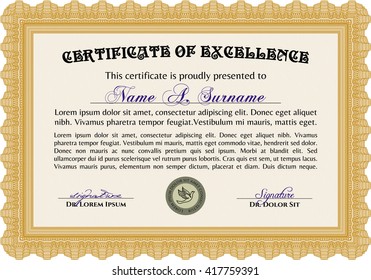 Orange Sample Certificate. Artistry design. With quality background. Vector pattern that is used in money and certificate. 