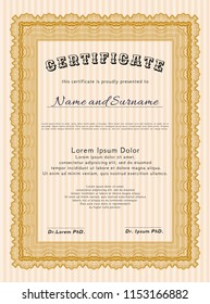 Orange Sample Certificate. With complex background. Customizable, Easy to edit and change colors. Money Pattern design. 