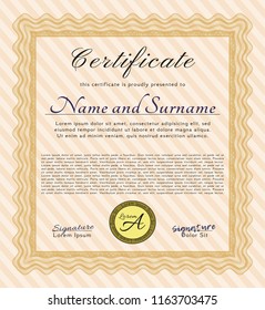 Orange Sample Certificate. Complex background. Money Pattern. Vector illustration. 