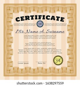 Orange Sample Certificate. With complex background. Money Pattern design. Detailed. 